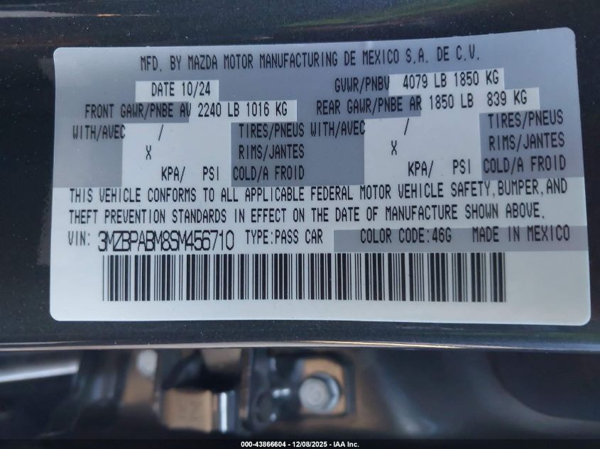 2025 Mazda Mazda3 2.5 S Select Sport VIN: 3MZBPABM8SM456710 Lot: 43866604