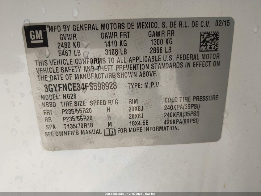 2015 Cadillac Srx Performance Collection VIN: 3GYFNCE34FS598928 Lot: 43866609