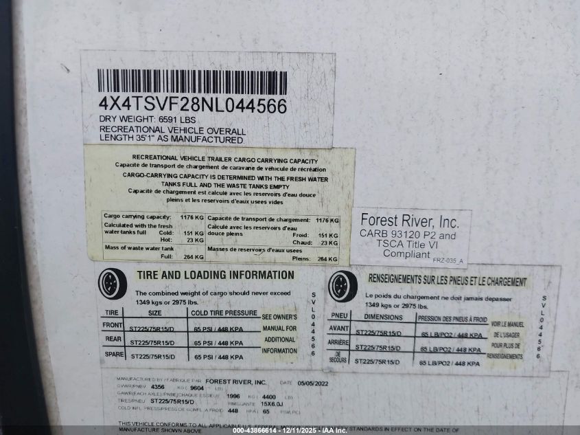 2022 Fore River Surv VIN: 4X4TSVF28NL044566 Lot: 43866614