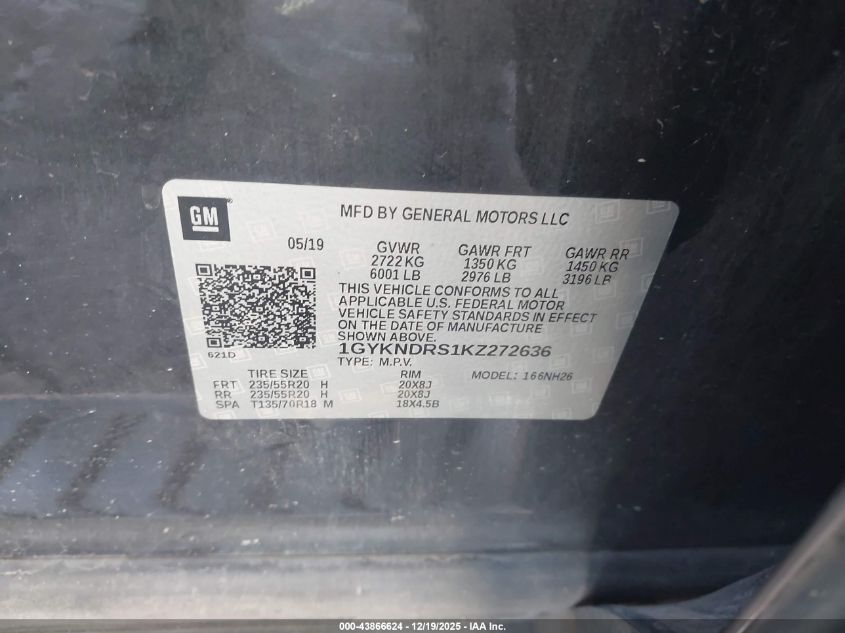 2019 Cadillac Xt5 Luxury VIN: 1GYKNDRS1KZ272636 Lot: 43866624