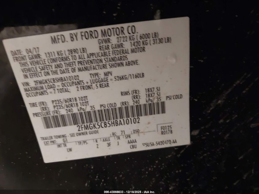 2017 Ford Flex Sel VIN: 2FMGK5C85HBA10102 Lot: 43866633