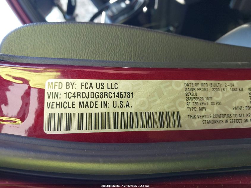 2024 Dodge Durango Gt Awd VIN: 1C4RDJDG8RC146781 Lot: 43866634