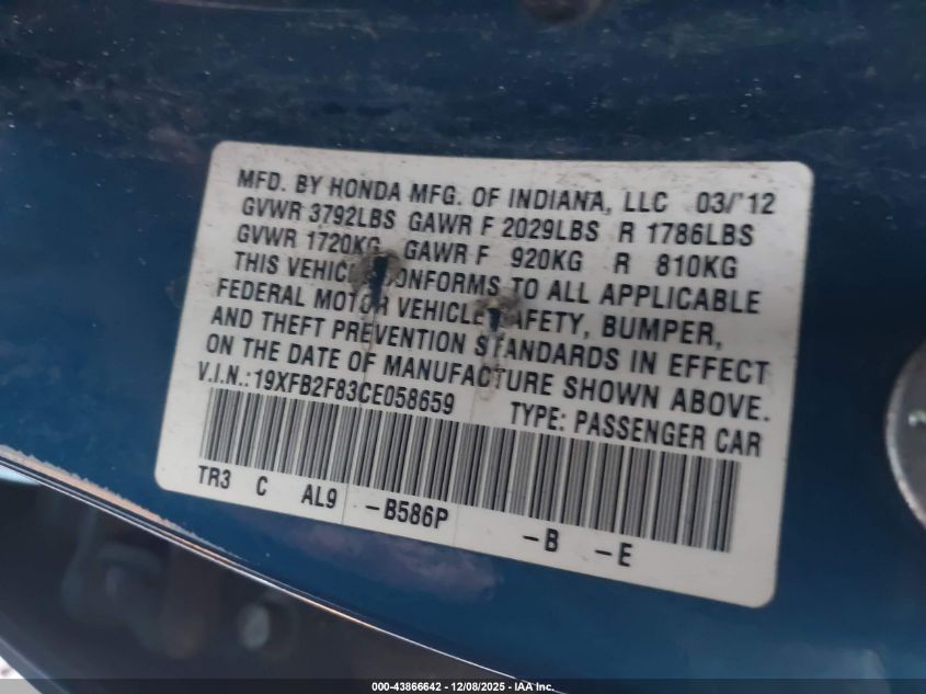 2012 Honda Civic Ex VIN: 19XFB2F83CE058659 Lot: 43866642
