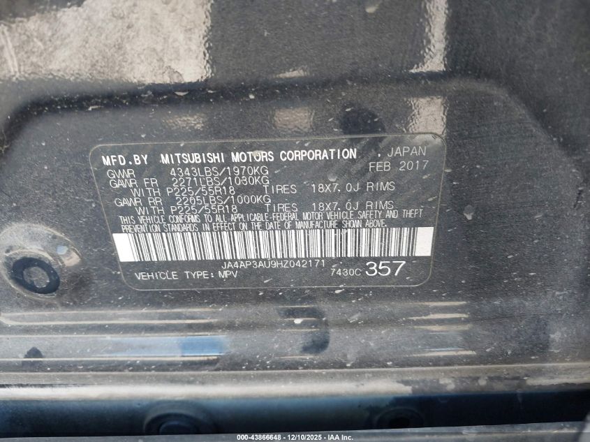 2017 Mitsubishi Outlander Sport 2.0 Es/2.0 Le VIN: JA4AP3AU9HZ042171 Lot: 43866648