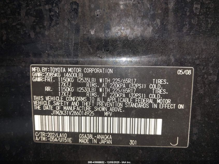 2008 Toyota Rav4 Limited V6 VIN: JTMZK31V286014925 Lot: 43866652