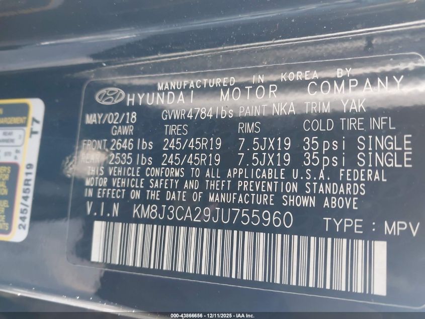 2018 Hyundai Tucson Limited VIN: KM8J3CA29JU755960 Lot: 43866656