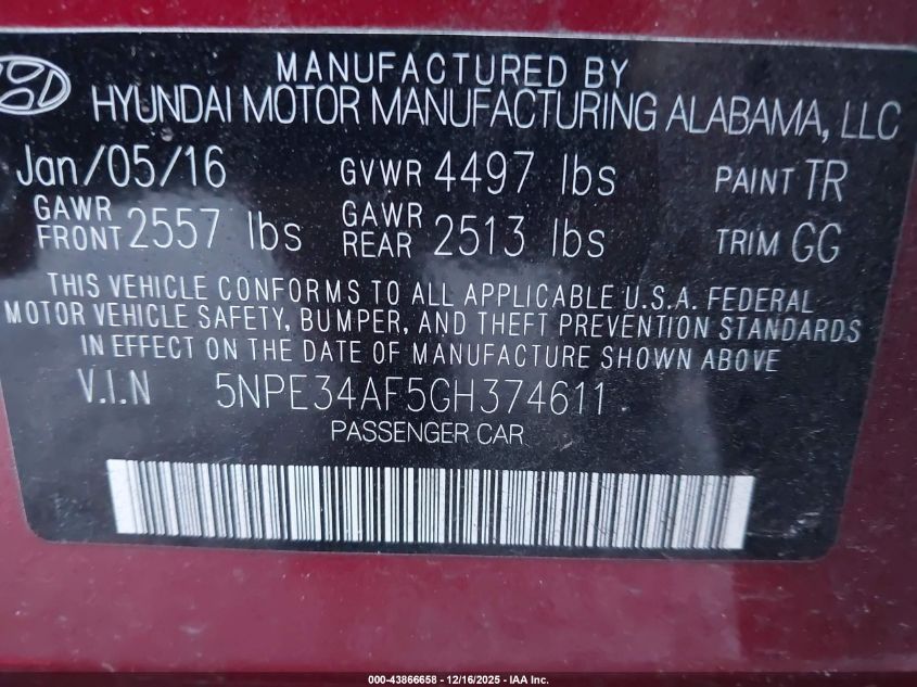 2016 Hyundai Sonata Sport VIN: 5NPE34AF5GH374611 Lot: 43866658