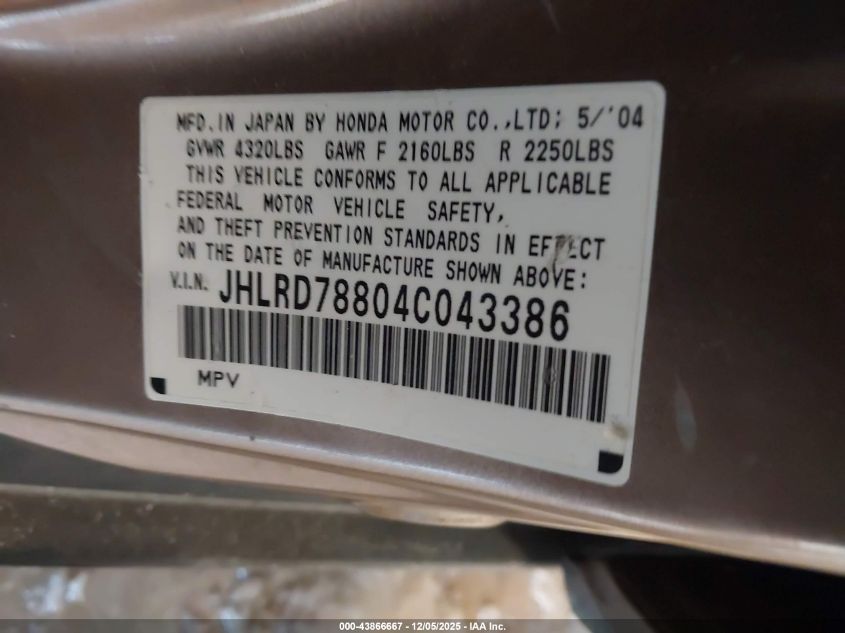 2004 Honda Cr-V Ex VIN: JHLRD78804C043386 Lot: 43866667