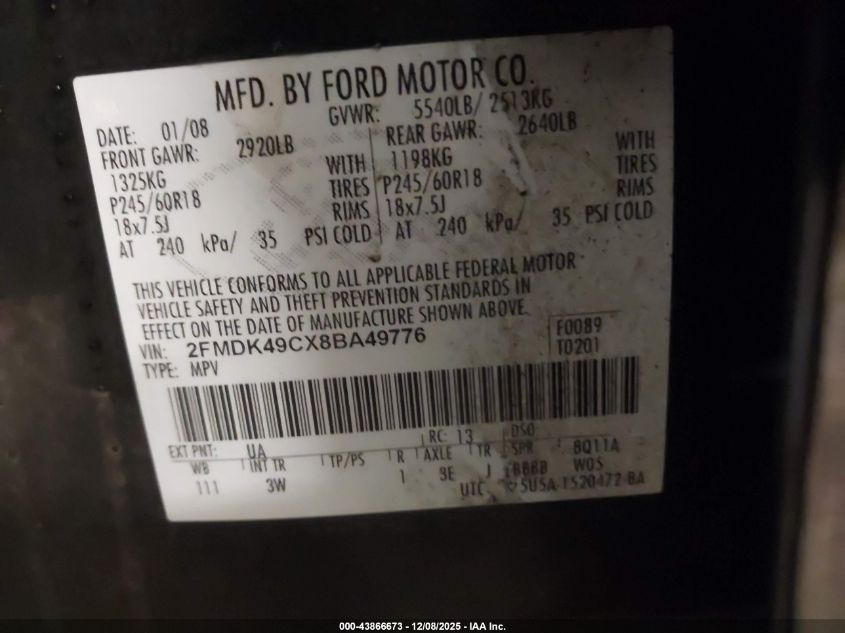 2008 Ford Edge Limited VIN: 2FMDK49CX8BA49776 Lot: 43866673