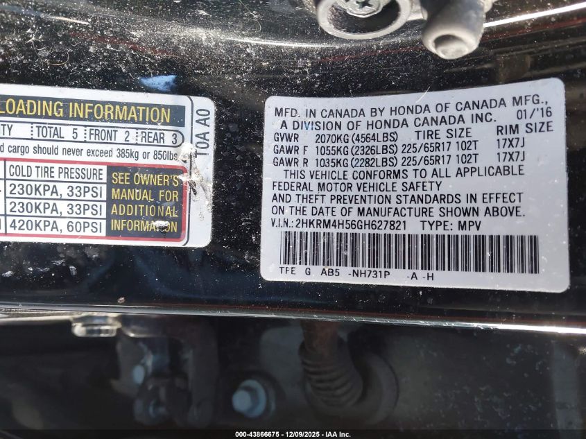 2016 Honda Cr-V Ex VIN: 2HKRM4H56GH627821 Lot: 43866675