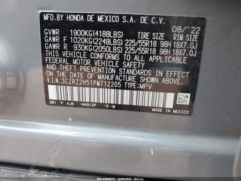 2023 Honda Hr-V Awd Sport VIN: 3CZRZ2H51PM712205 Lot: 43866676