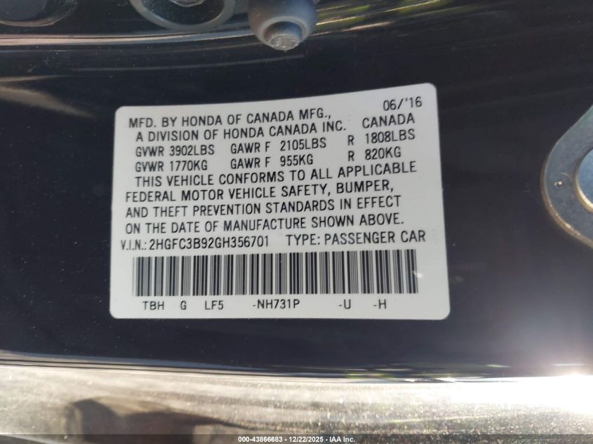 2016 Honda Civic Touring VIN: 2HGFC3B92GH356701 Lot: 43866683