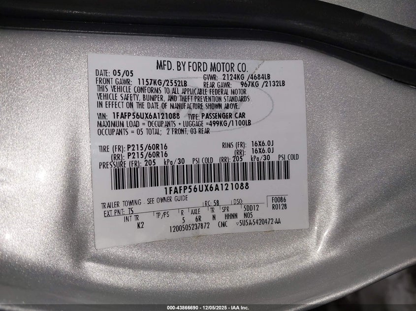 1FAFP56UX6A121088 2006 FORD TAURUS photo no. 9