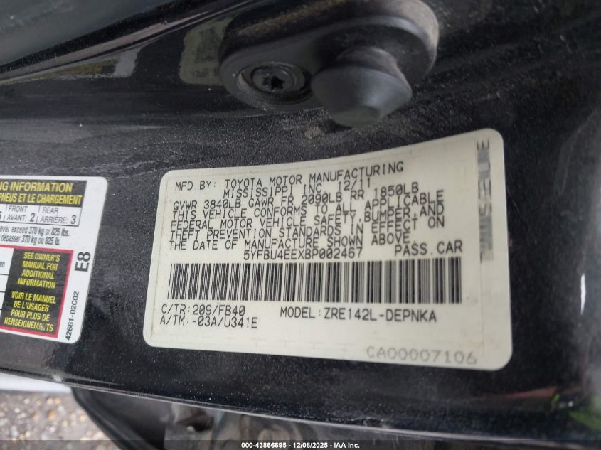 2011 Toyota Corolla Le VIN: 5YFBU4EEXBP002467 Lot: 43866695