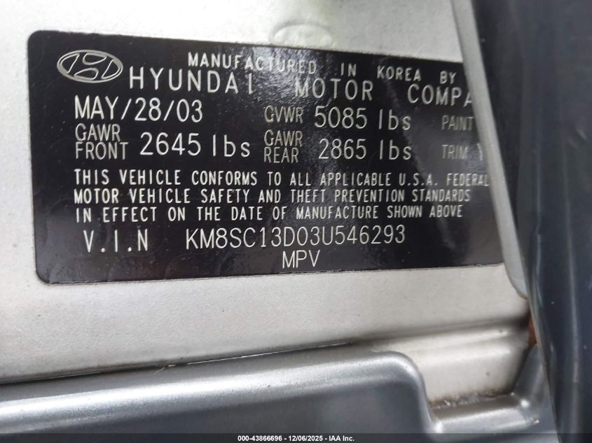 2003 Hyundai Santa Fe Gls/Lx VIN: KM8SC13D03U546293 Lot: 43866696