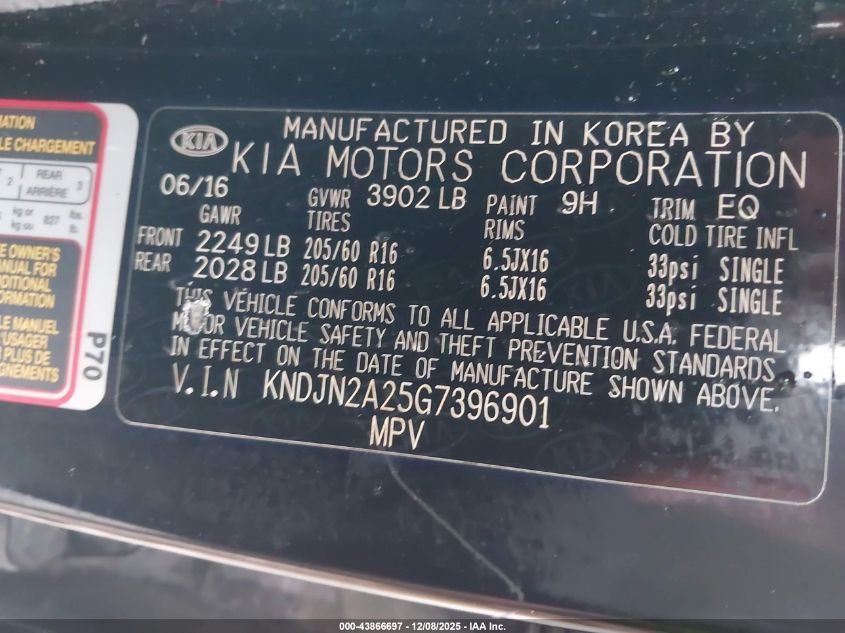 2016 Kia Soul VIN: KNDJN2A25G7396901 Lot: 43866697