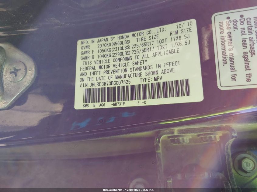 2011 Honda Cr-V Ex-L VIN: JHLRE3H73BC007525 Lot: 43866701