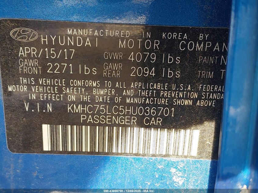 2017 Hyundai Ioniq Hybrid Sel VIN: KMHC75LC5HU036701 Lot: 43866708