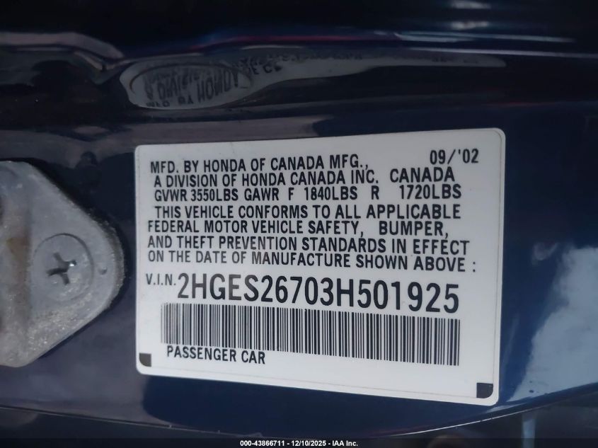 2003 Honda Civic Ex VIN: 2HGES26703H501925 Lot: 43866711