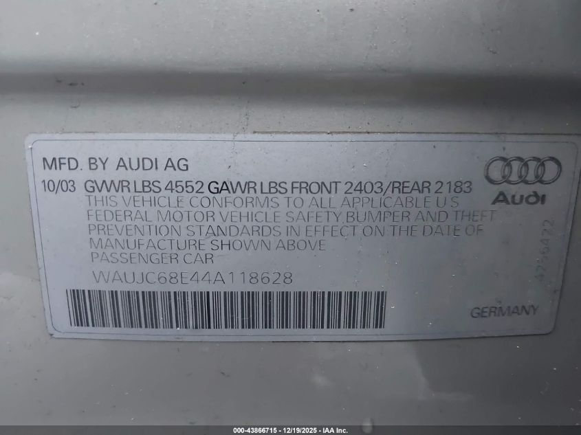 2004 Audi A4 1.8T VIN: WAUJC68E44A118628 Lot: 43866715