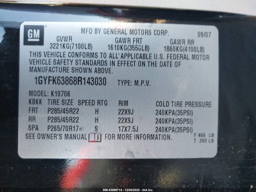 2008 Cadillac Escalade Standard VIN: 1GYFK63868R143030 Lot: 43866714