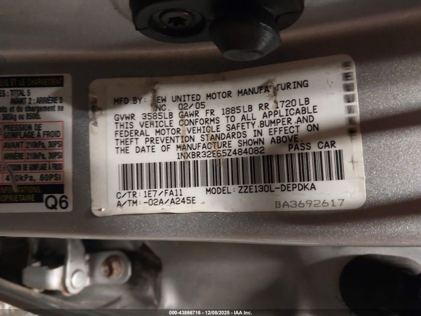 2005 Toyota Corolla Ce VIN: 1NXBR32E65Z484082 Lot: 43866716