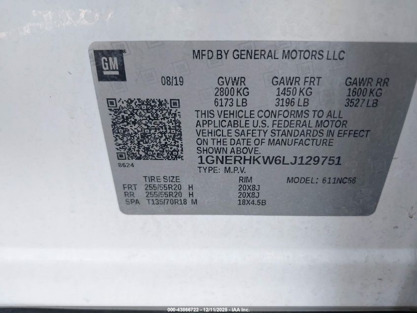 2020 Chevrolet Traverse Fwd Lt Leather VIN: 1GNERHKW6LJ129751 Lot: 43866722