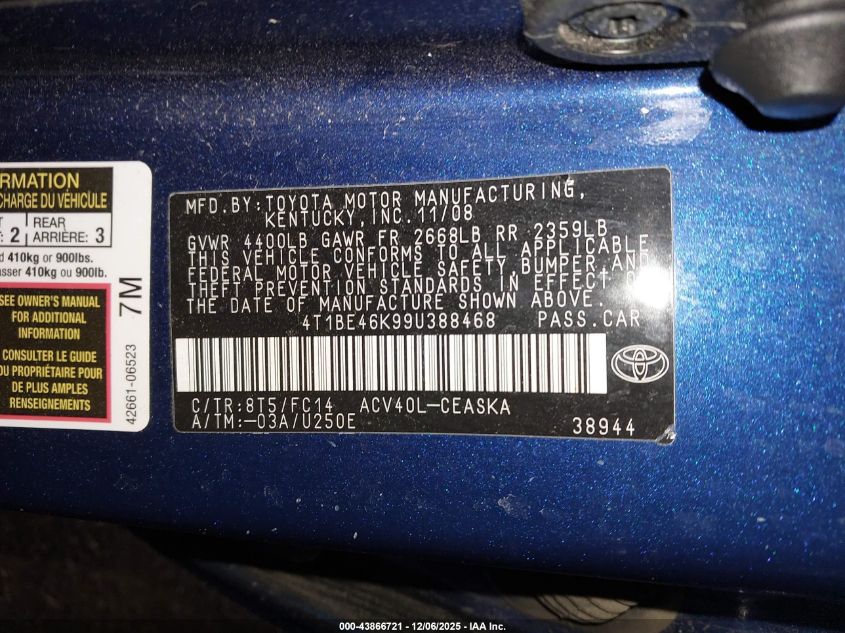 2009 Toyota Camry Se VIN: 4T1BE46K99U388468 Lot: 43866721