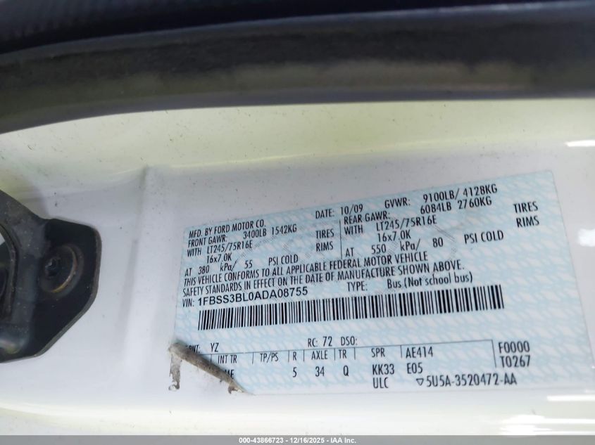 2010 Ford E-350 Super Duty Xl/Xlt VIN: 1FBSS3BL0ADA08755 Lot: 43866723