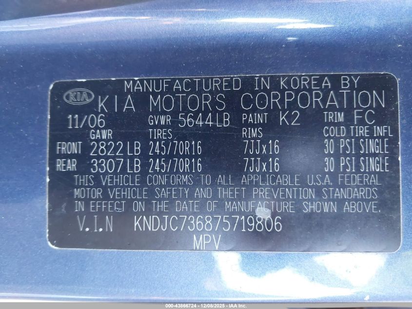 2007 Kia Sorento Lx VIN: KNDJC736875719806 Lot: 43866724