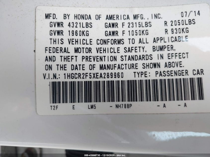 2014 Honda Accord Sport VIN: 1HGCR2F5XEA289960 Lot: 43866730