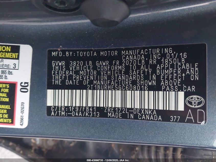 2016 Toyota Corolla Le VIN: 2T1BURHE5GC608016 Lot: 43866735