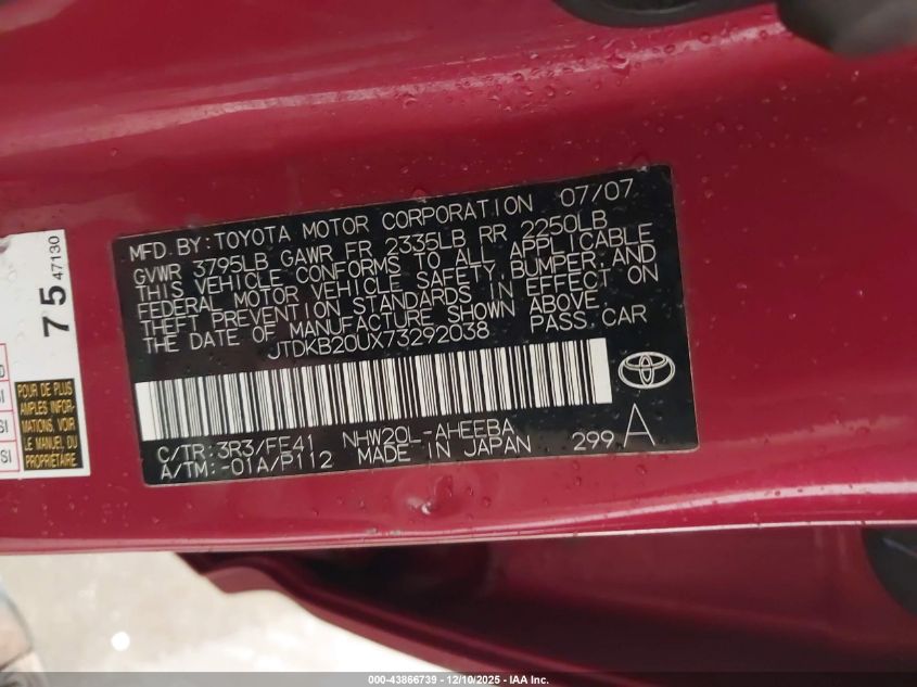 2007 Toyota Prius VIN: JTDKB20UX73292038 Lot: 43866739
