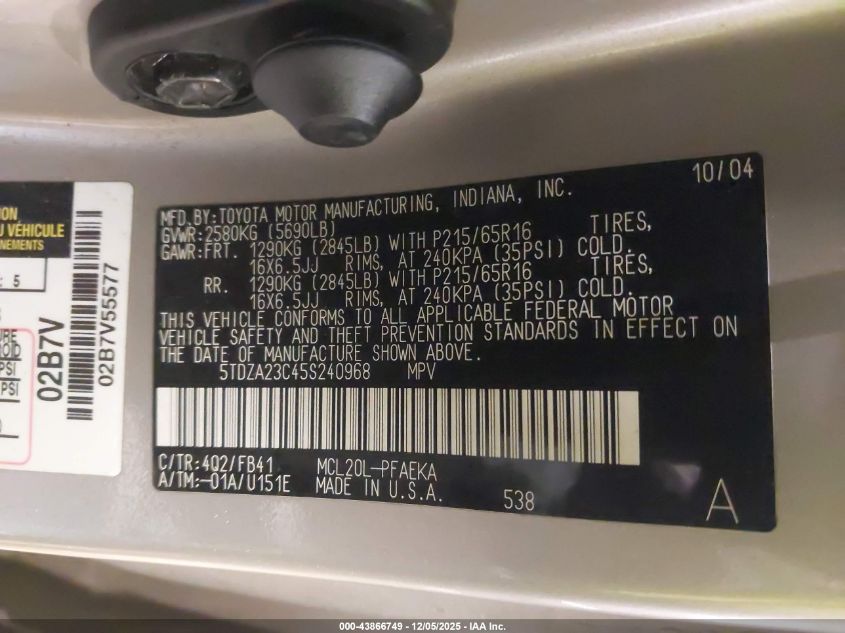 2005 Toyota Sienna Le VIN: 5TDZA23C45S240968 Lot: 43866749