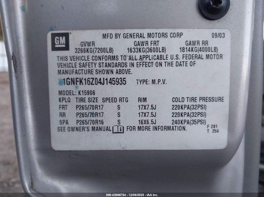 2004 Chevrolet Suburban 1500 Lt VIN: 1GNFK16Z04J145935 Lot: 43866754