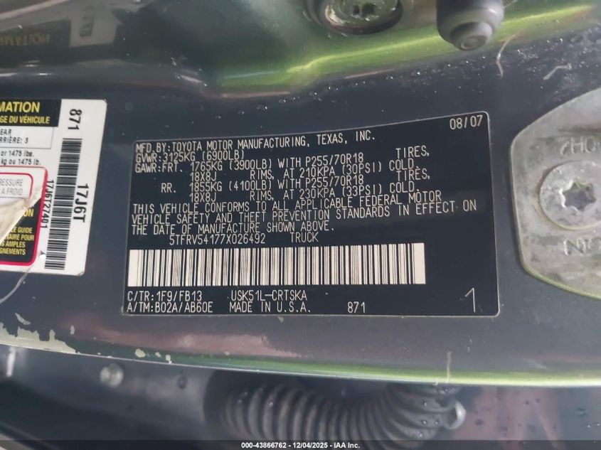 2007 Toyota Tundra Sr5 V8 VIN: 5TFRV54177X026492 Lot: 43866762