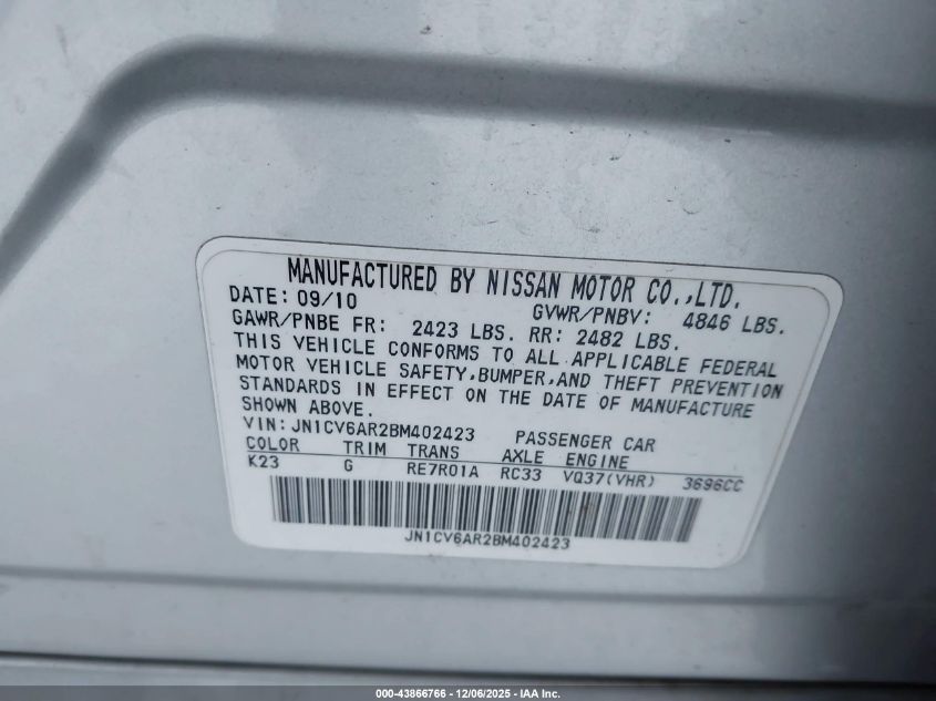 2011 Infiniti G37X VIN: JN1CV6AR2BM402423 Lot: 43866766