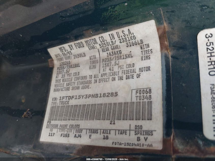 1993 Ford F150 VIN: 1FTDF15Y3PNB18285 Lot: 43866769