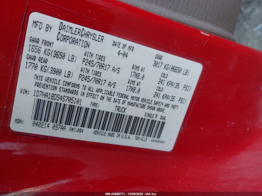 2004 Dodge Ram 1500 Slt/Laramie VIN: 1D7HA18D54S705101 Lot: 43866771
