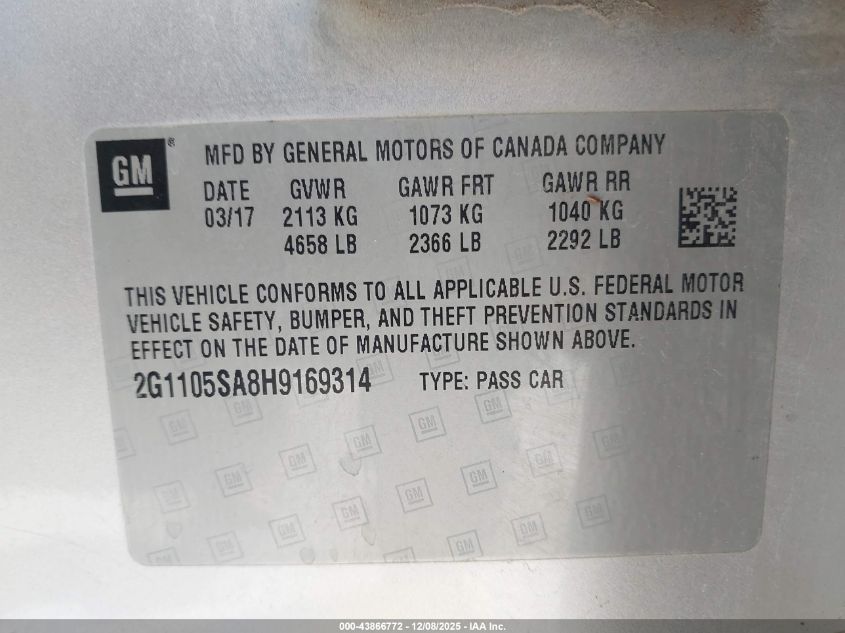 2017 Chevrolet Impala 1Lt VIN: 2G1105SA8H9169314 Lot: 43866772