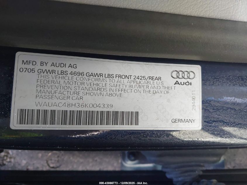 2006 Audi A4 1.8T VIN: WAUAC48H36K004339 Lot: 43866773