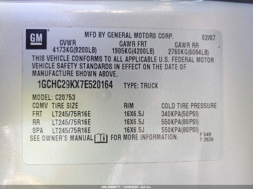 2007 Chevrolet Silverado 2500Hd Lt1 VIN: 1GCHC29KX7E520164 Lot: 43866777