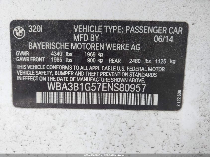 2014 BMW 320I VIN: WBA3B1G57ENS80957 Lot: 43866786