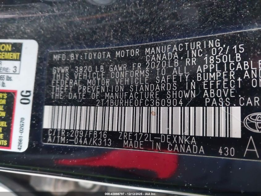 2015 Toyota Corolla Le VIN: 2T1BURHE0FC360904 Lot: 43866797