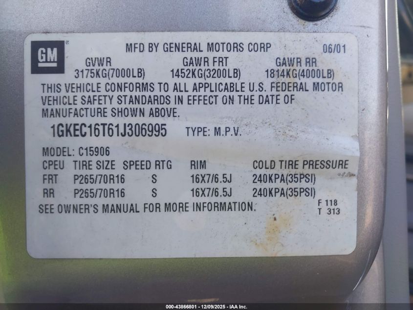 2001 GMC Yukon Xl 1500 Slt VIN: 1GKEC16T61J306995 Lot: 43866801