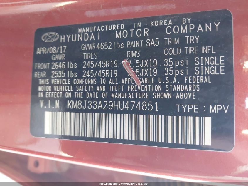 2017 Hyundai Tucson Sport VIN: KM8J33A29HU474851 Lot: 43866806