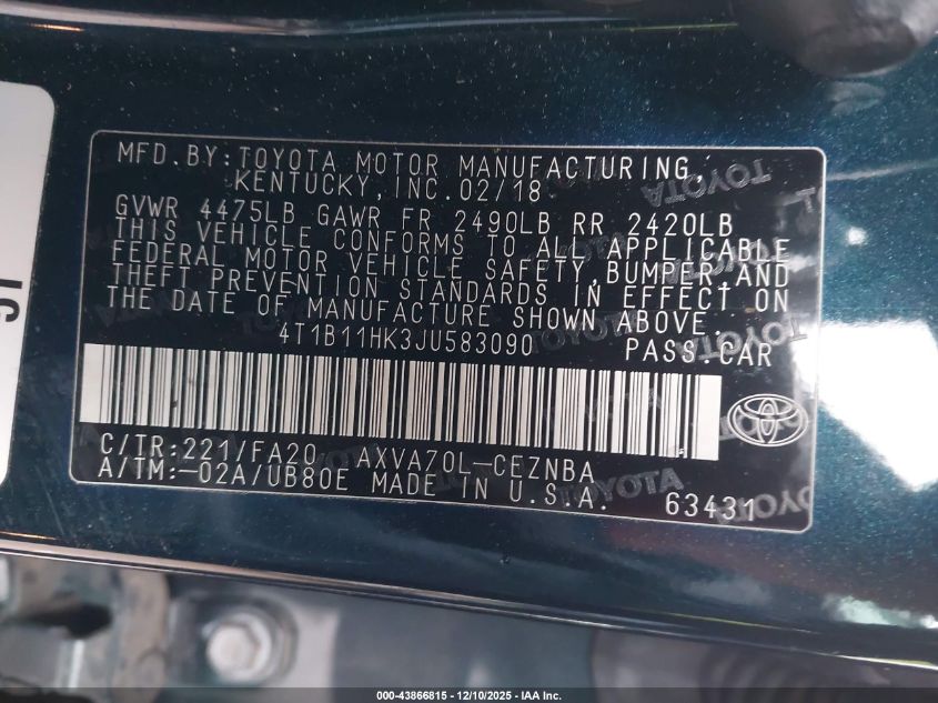 2018 Toyota Camry Le VIN: 4T1B11HK3JU583090 Lot: 43866815