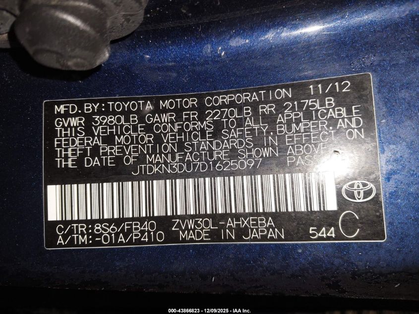 2013 Toyota Prius Three VIN: JTDKN3DU7D1625097 Lot: 43866823