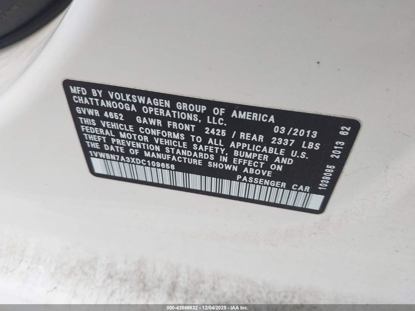 2013 Volkswagen Passat 2.0L Tdi Se VIN: 1VWBN7A3XDC109658 Lot: 43866832