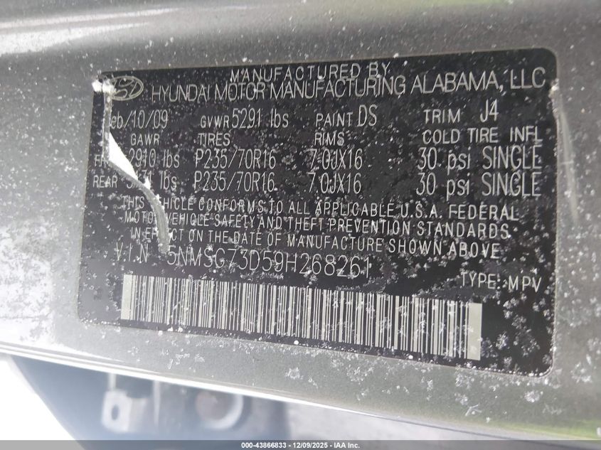 2009 Hyundai Santa Fe Gls VIN: 5NMSG73D59H268261 Lot: 43866833